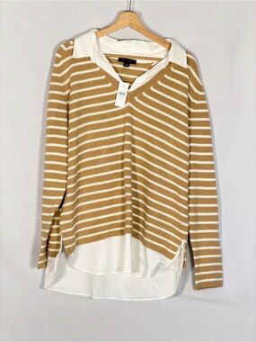 NWT Ann Taylor XXL Camel Ivory Striped Collared Mixed Media Layered Sweater